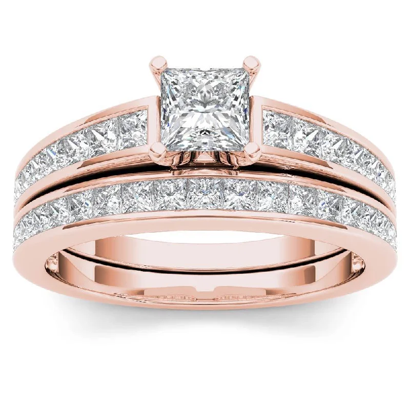 Ladies custom engagement ring-De Couer 14K Rose Gold 2ct TDW Princess-Cut Diamond Engagement Ring Set