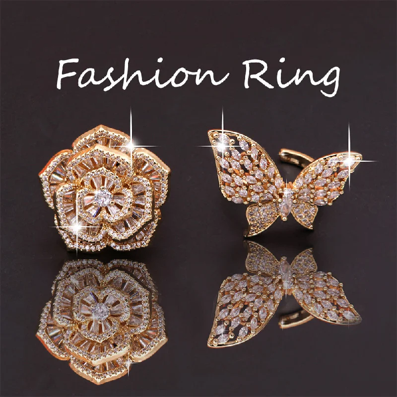 Ladies minimalistic ring-Glam Luxurious Shiny Flower Butterfly Copper Plating Inlay Zircon 18k Gold Plated Open Rings