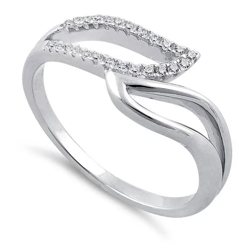 Ladies minimalistic ring-Sterling Silver Unique Wavy Clear CZ Ring