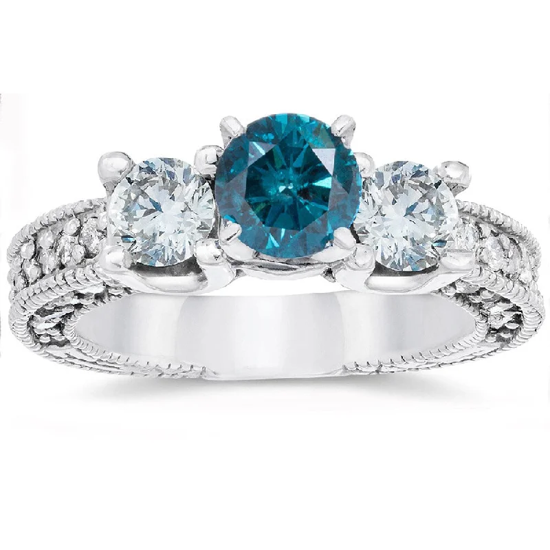 Ladies wedding engagement ring set-14k White Gold 2ct TDW Vintage Blue Diamond Engagement 3-Stone Ring