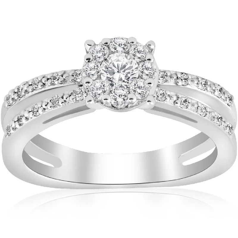 Ladies unique platinum engagement ring-1/2ct Diamond Halo Split Shank Round Cut Engagement Ring White Gold