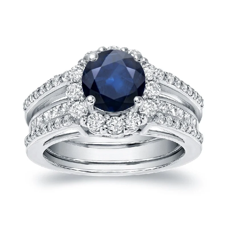 Ladies engagement ring with sapphire stone-Auriya Round 7/8ct Sapphire and 1 1/6ct TDW Diamond Halo Engagement Ring Set 14k Gold