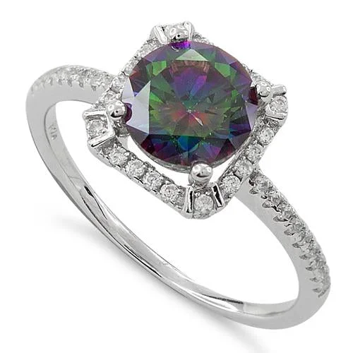 Ladies engagement ring set-Sterling Silver Rainbow Topaz Round Halo Pave CZ Ring