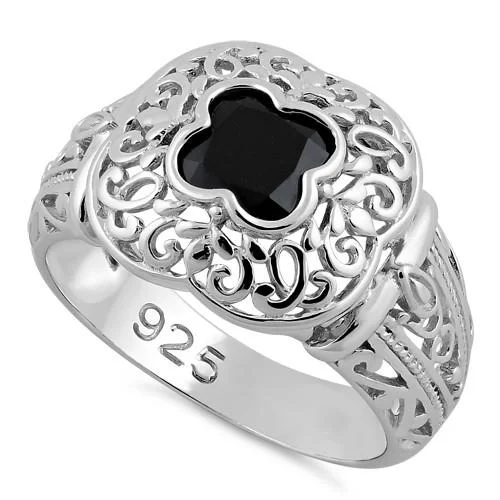 Ladies diamond eternity ring-Sterling Silver Quatrefoil Black CZ Ring