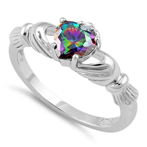 Ladies halo ring-Sterling Silver Claddagh Rainbow CZ Ring