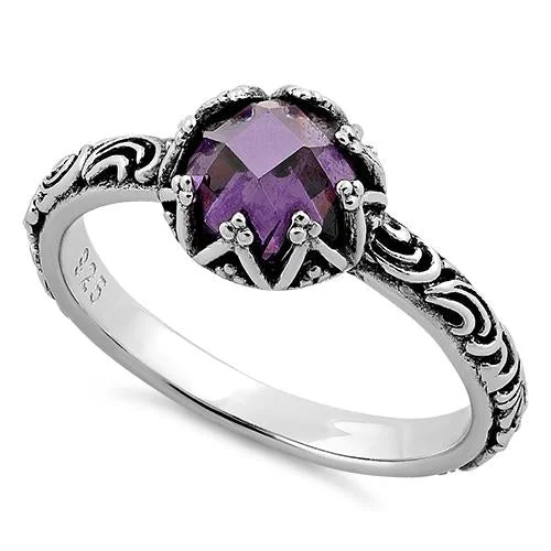 Ladies personalized ring-Sterling Silver Floral Purple CZ Ring