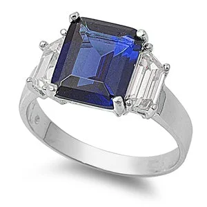 Ladies gold engagement ring-Sterling Silver Square Blue Sapphire CZ Ring