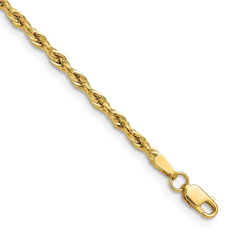 Ladies diamond tennis bracelet-Curata 10k Yellow Gold 2.5mm Semi solid Rope Chain Bracelet Options: 7" 8"