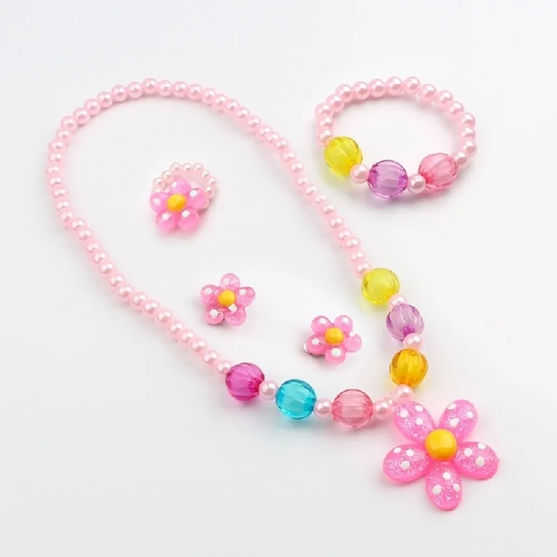 Ladies braided bracelet-5Pcs Handmade Flower Necklace Bracelet Ring Ear Studs Kids Girls Jewelry Set - no