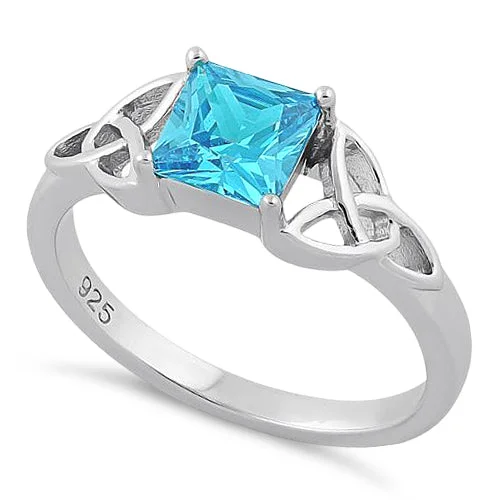 Ladies three-stone ring-Sterling Silver Celtic Aqua Blue Princess Cut CZ Ring