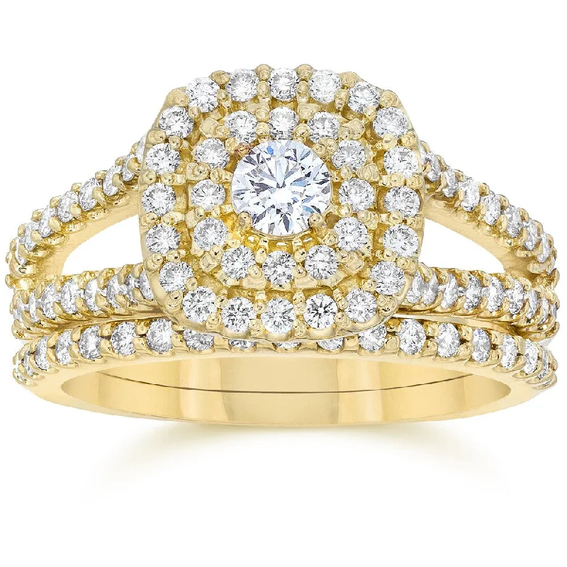 Ladies luxury wedding engagement ring-10k Yellow Gold 1 1/ 10 ct TDW Diamond Cushion Halo Engagement Ring Set