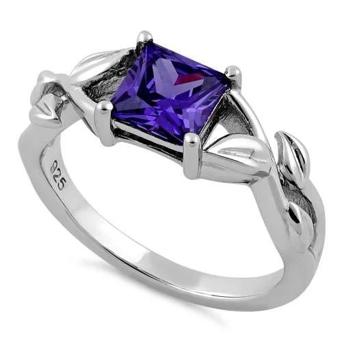 Ladies sterling silver eternity ring-Sterling Silver Leaves Vines Princess Cut Amethyst CZ Ring