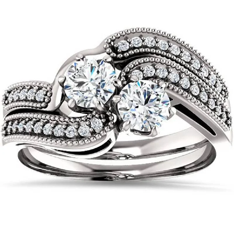 Ladies wedding engagement ring set-1.00CT Two Stone Diamond Forever Us Engagement Ring Set White Gold