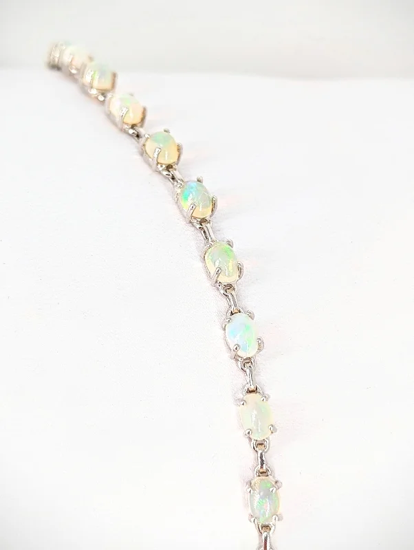 Ladies beaded bracelet-Silver Cabochon Natural Ethiopian Opal  8.5in Bracelet