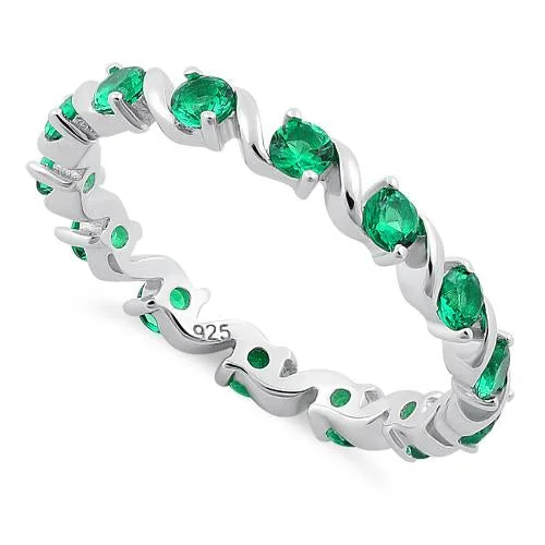 Ladies rose gold ring-Sterling Silver Swirl Emerald  Eternity CZ Ring