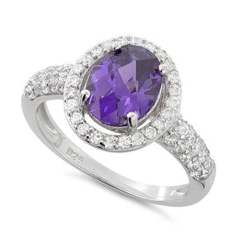 Ladies custom-made ring-Sterling Silver Amethyst Oval Halo CZ Ring