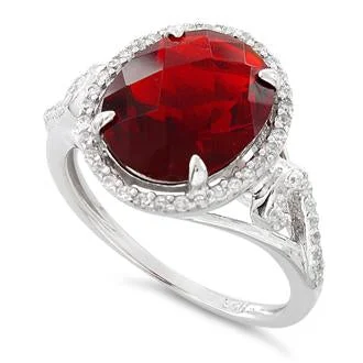 Ladies gold wedding band-Sterling Silver Garnet Oval Halo Swirl CZ Ring