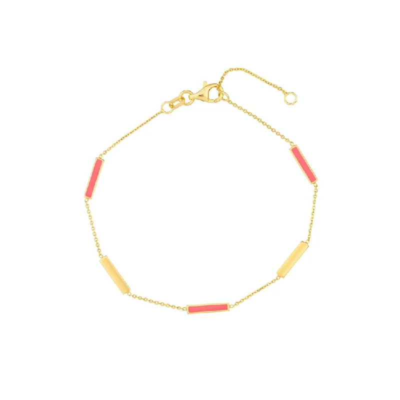 Ladies luxury bangle-Curata 14k Yellow Gold 7.25" Neon Pink eEnamel Alternating Bar Bracelet