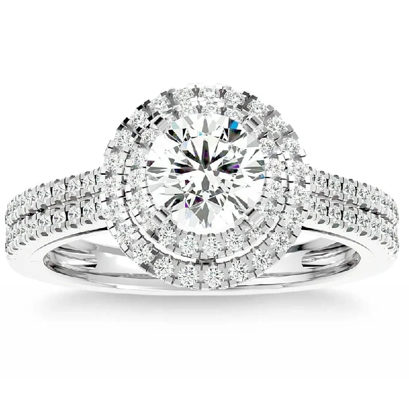 Ladies unique engagement ring-1 1/2Ct Moissanite & Diamond Double Halo Engagement Ring White Yellow Rose Gold