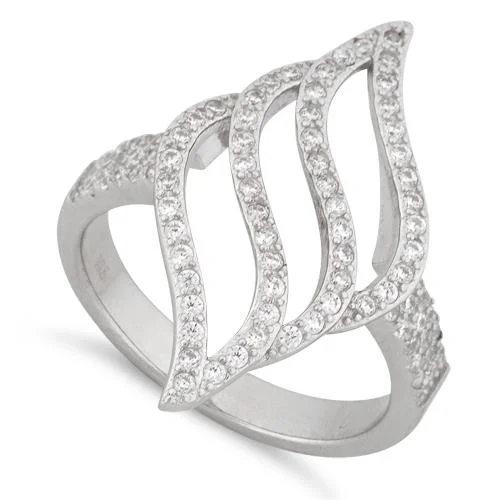 Ladies wedding band ring-Sterling Silver Flame Pave CZ Ring