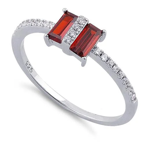 Ladies eternity band ring-Sterling Silver Double Baguette Straight Cut Garnet & Clear CZ Ring