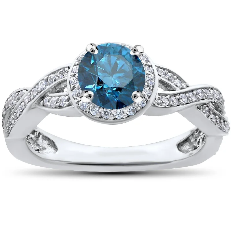 Ladies radiant cut engagement ring-3/4ct Blue & White Diamond Halo Infinity Engagement Ring White Gold