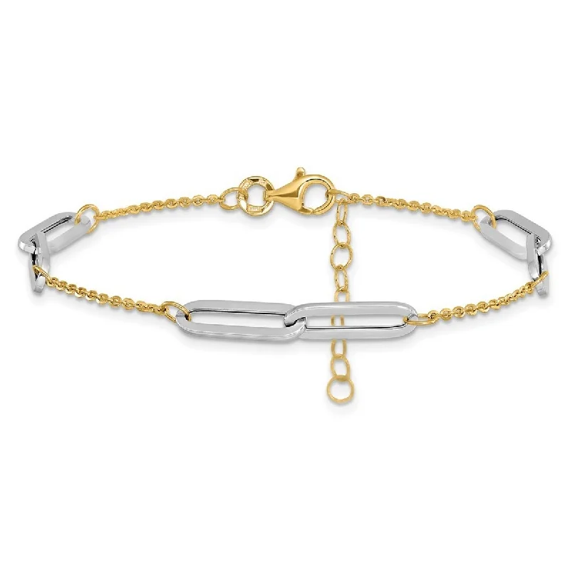 Ladies unique bangle-Curata 14k Two tone Gold Polished Paperclip Station Extendable Bracelet Options: 7" 8"