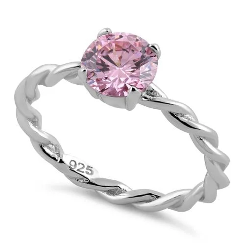 Ladies ruby ring-Sterling Silver Pink Twisted Band CZ Ring