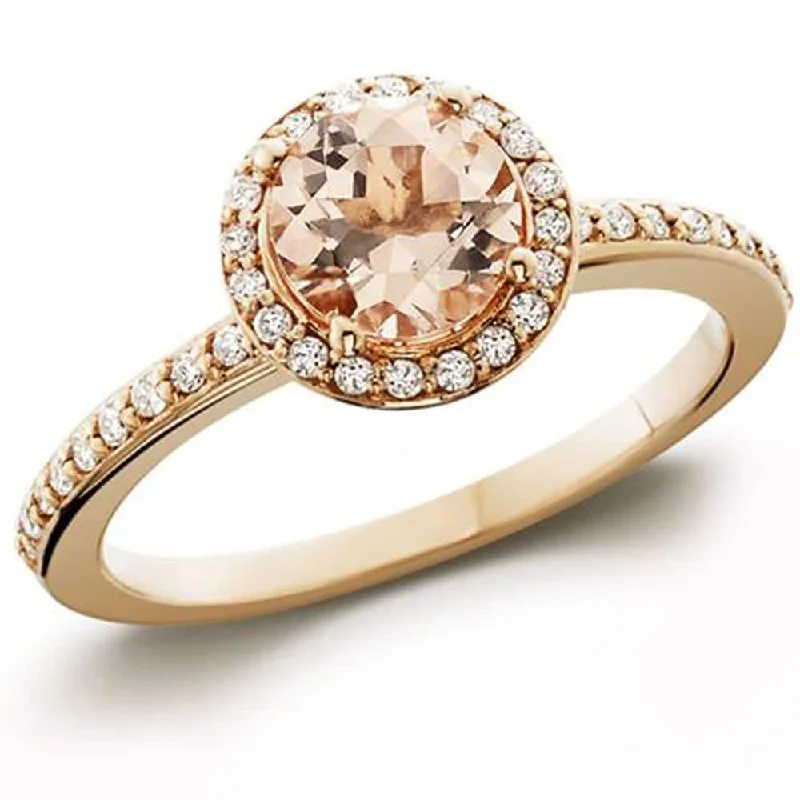 Ladies engagement ring with twisted band-7/8ct Morganite & Diamond Halo Engagement Ring Rose Gold