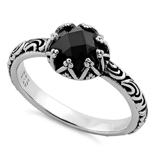 Ladies carved ring-Sterling Silver Floral Black CZ Ring