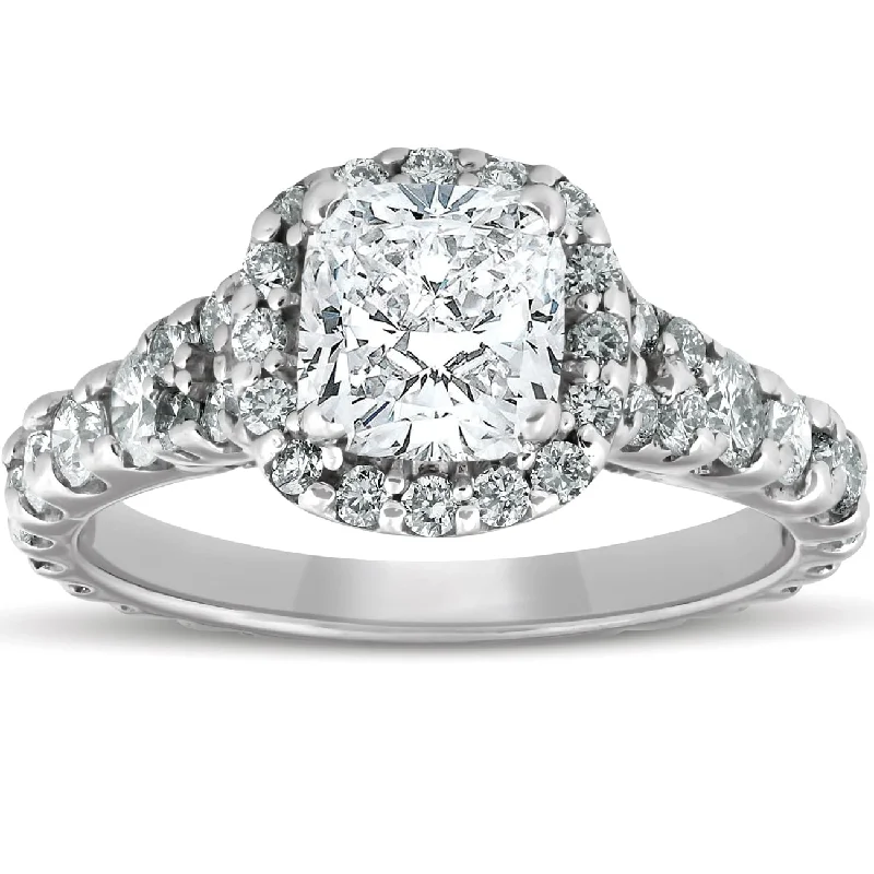 Ladies wedding engagement ring set-2 1/2ct Cushion Diamond Halo Engagement Ring White Gold Lab Grown