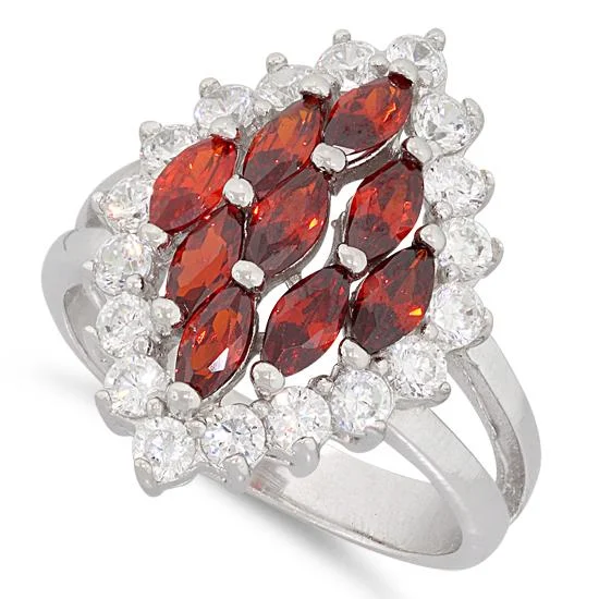 Ladies chunky ring-Sterling Silver Elegant Garnet Marquise Cut CZ Ring