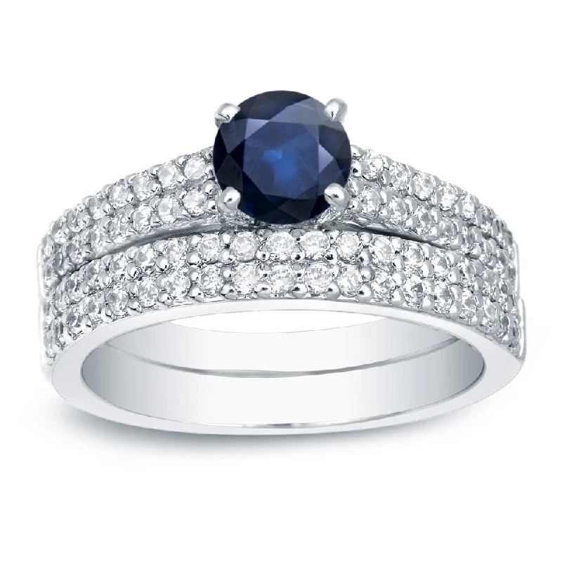 Ladies custom wedding engagement ring set-Auriya Platinum 3/4ct Blue Sapphire and 3/4ctw Diamond Engagement Ring Set