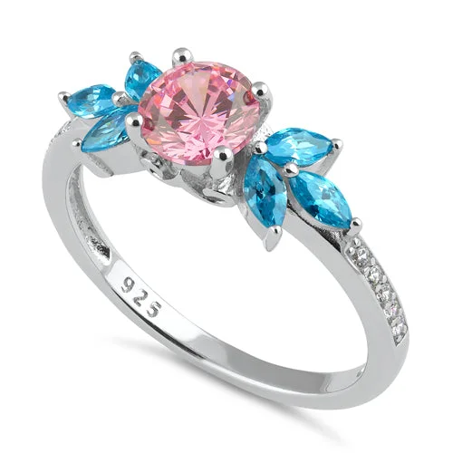 Ladies silver ring-Sterling Silver Flower Leaves Pink and Blue CZ Ring