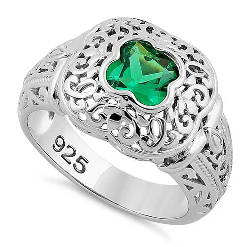 Ladies silver ring-Sterling Silver Quatrefoil Emerald CZ Ring