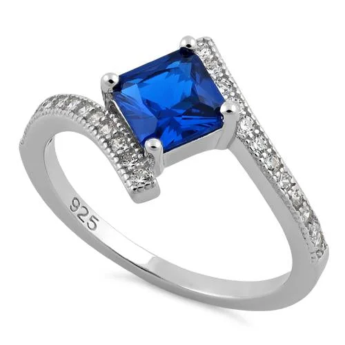 Ladies birthstone engagement ring-Sterling Silver Elegant Princess Cut Blue Spinel CZ Ring