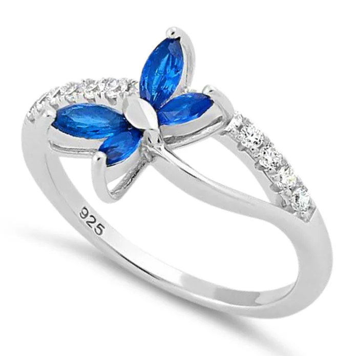 Ladies diamond ring-Sterling Silver Butterfly Blue Spinel CZ Ring