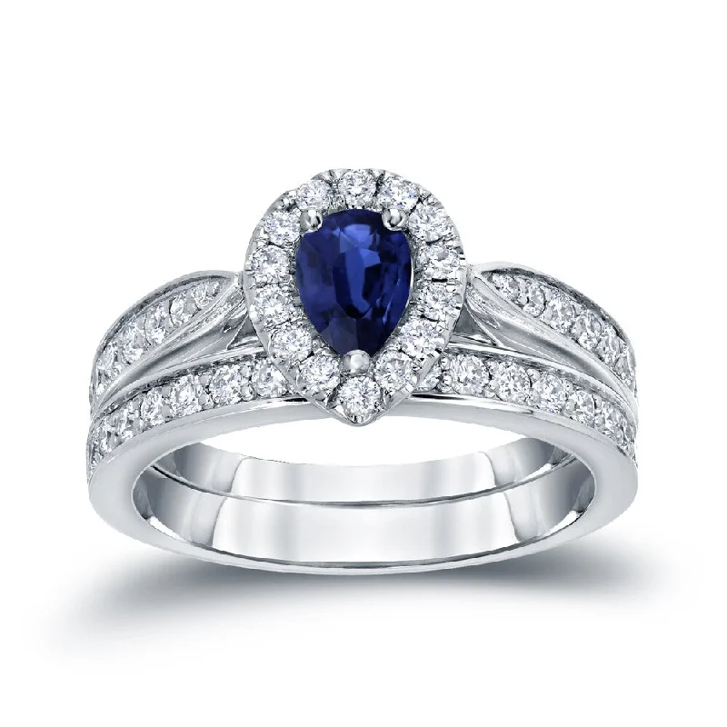 Ladies diamond engagement ring with matching band-14k Gold 1/2ct Pear Shaped Sapphire and 1/2ct TDW Halo Diamond Engagement Ring Set by Auriya