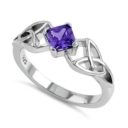 Ladies heart-shaped ring-Sterling Silver Celtic Princess Cut Violet CZ Ring