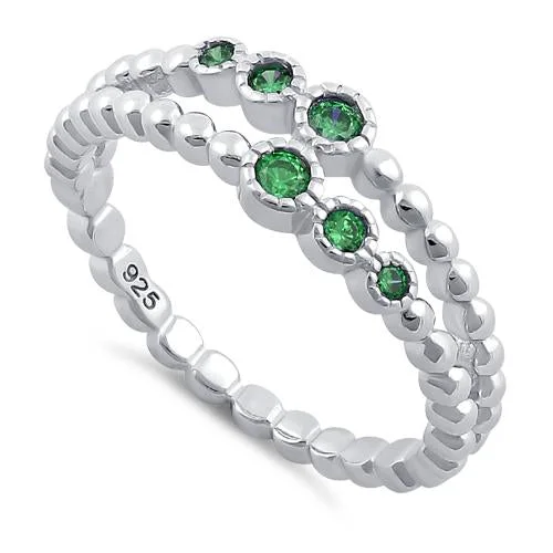 Ladies monogrammed ring-Sterling Silver Double Beaded Emerald CZ Ring