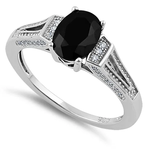 Ladies custom-made ring-Sterling Silver Black Oval Cut CZ Ring