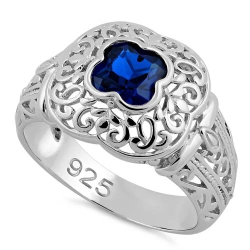 Ladies princess-cut ring-Sterling Silver Quatrefoil Blue Spinel CZ Ring