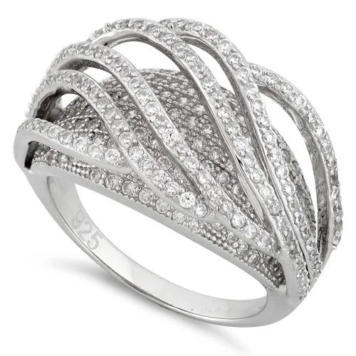 Ladies three-stone ring-Sterling Silver Double Layer Wavy CZ Ring