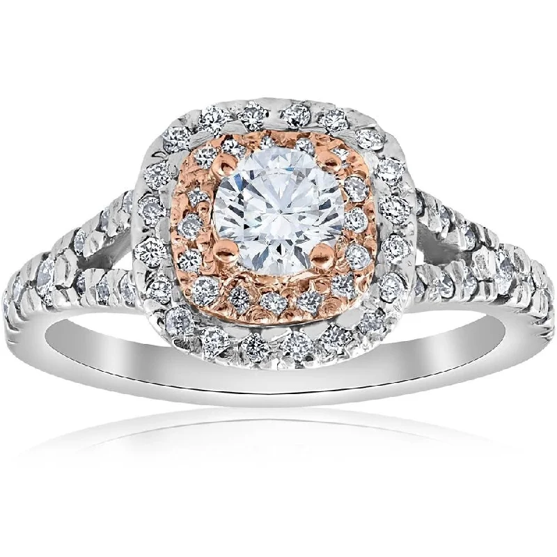 Ladies rose gold wedding engagement ring-Pompeii3 14k White & Rose Gold 1 ct TDW Cushion Halo Diamond Engagement Ring