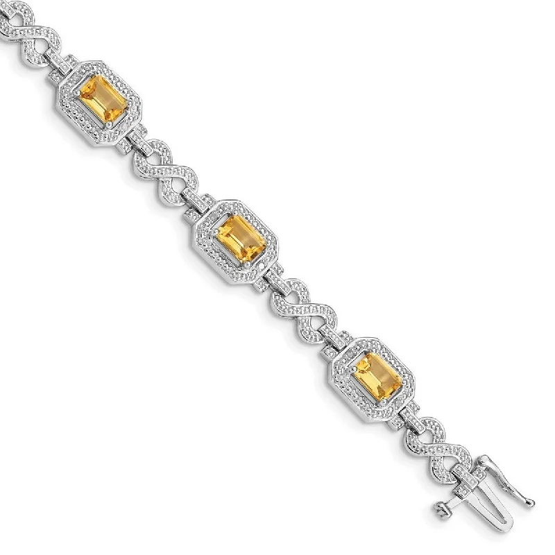 Ladies classic bangle-Curata 925 Sterling Silver Textured Polished Box Catch Closure Diamond and Citrine Bracelet