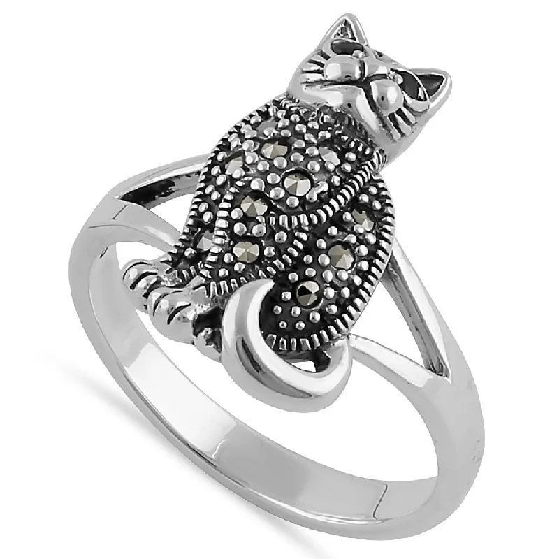 Ladies statement ring-Sterling Silver Clever Cat Round Cut Garnet CZ Marcasite Ring