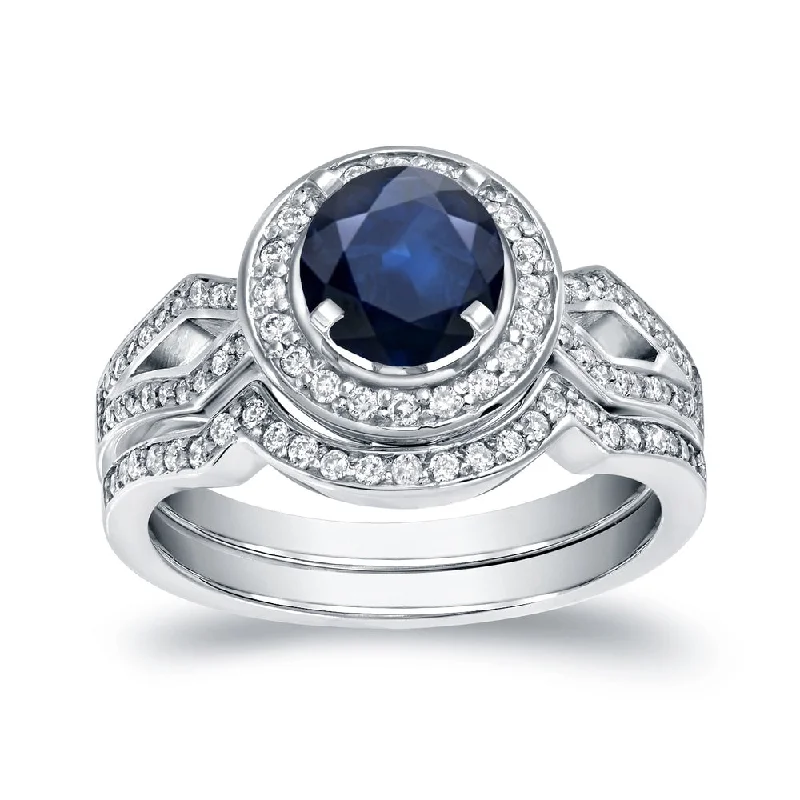 Ladies multi-stone engagement ring-Auriya Modern Round 1ct Sapphire and 2/5ct TDW Diamond Halo Engagement Ring Set 14k Gold