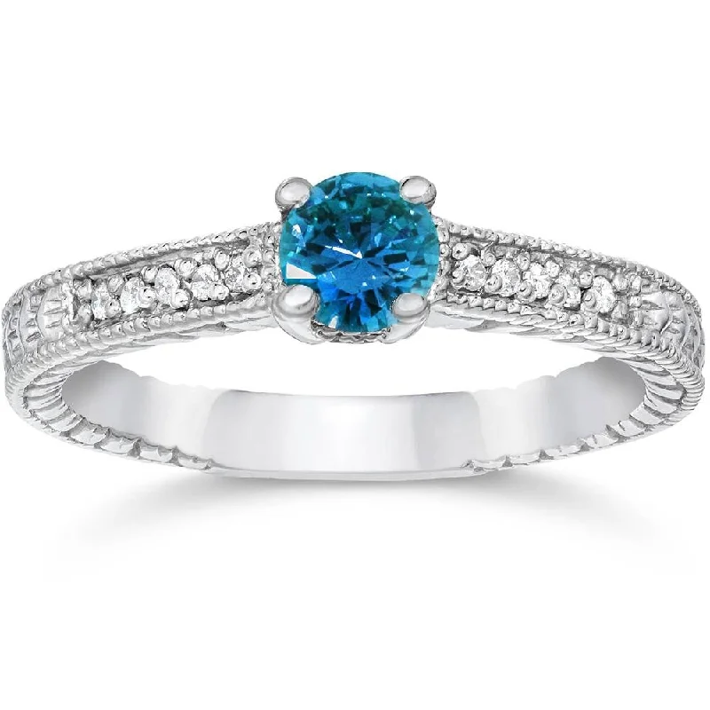 Ladies engagement ring with round diamond-1/2ct Blue & White Diamond Vintage Engagement Ring White Gold