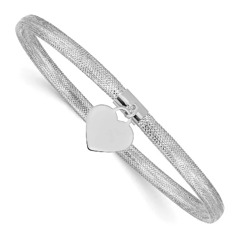 Ladies custom bracelet-Curata 14k White Gold 7" 10mm Heart 4mm Mesh Stretch Mesh Bracelet