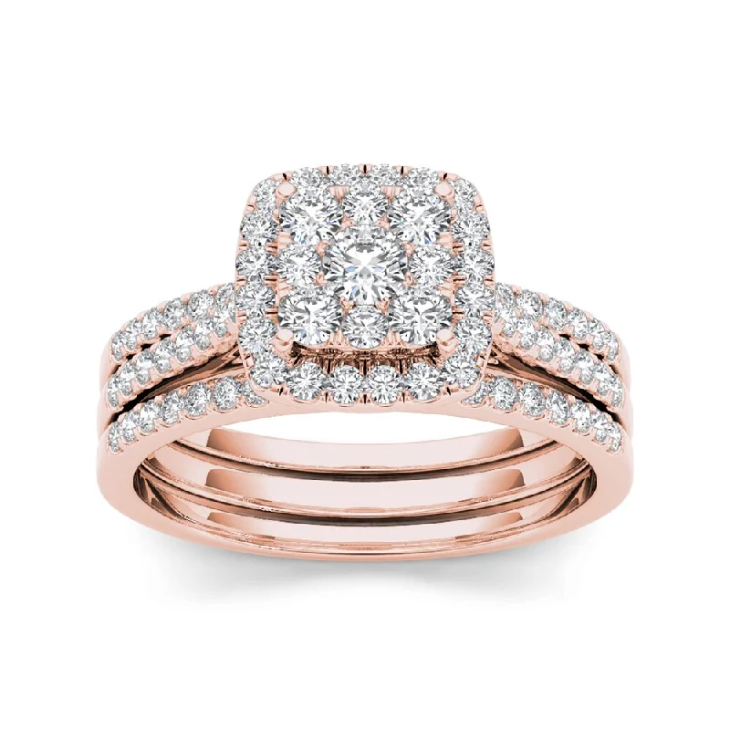 Ladies 1 carat diamond engagement ring-De Couer IGI Certified 10k Rose Gold 1ct TDW Diamond Cluster Engagement Ring Set with Two Bands - Pink